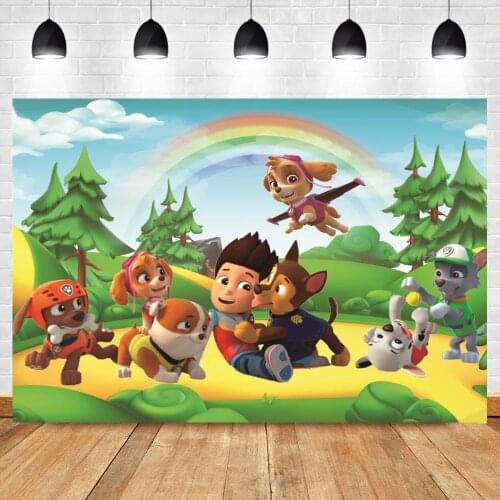 Cartoon Dogs Forest Rainbow Sky Backdrops Photography Family Patrol Kids Birthday Party Photo Background For Table Decor