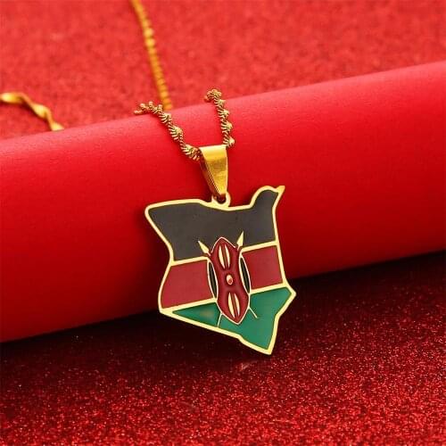 Map of Kenya Flag Enamel Pendant Necklaces Jewellery Gold Color African Country Map Jewelry Kenyan