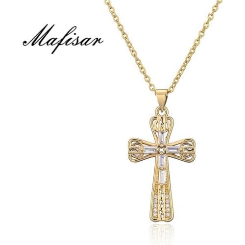 Mafisar Classic Design Gold Color Hollow CZ Cross Pendant Necklace For Women Men 2021 New Arrival Christian Jewelry Gift