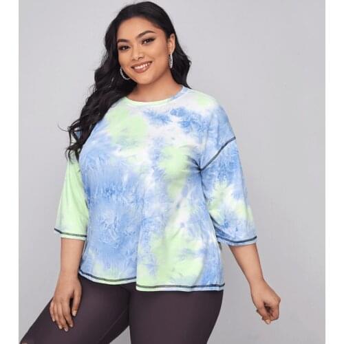 Summer T-shirts 2XL To 7XL Plus Size Tops Women Outerwear Loose Tie-dye Three Quarter Sleeve Casual Tees T2459