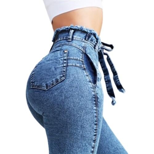 Fashion Belted High Waist Skinny Jeans Women Hot Plus Size Stretch Denim Long Pants Skinny Jeans Women Stretch Denim Long Pants