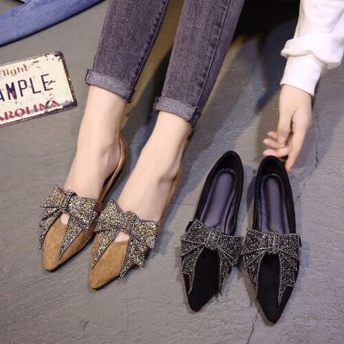 Crystal bow-knot moccasins pointed toe flock loafers women bling decoration cozy ballet flats spring shallow mouth single shoes