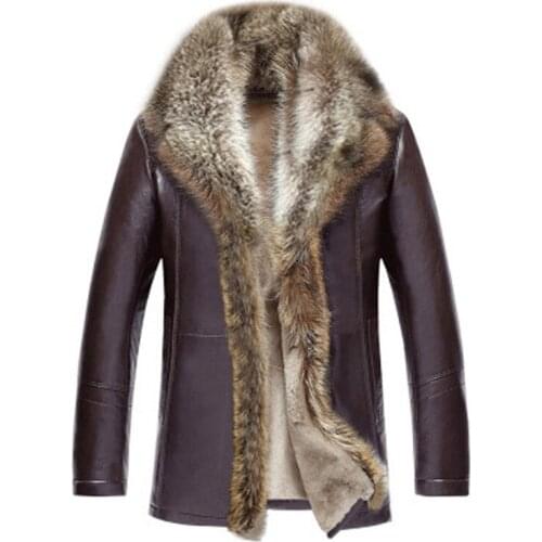 2018 Suitable for Mens Fur one Leather Mens long section Plus velvet Thick jacket Winter Fur collar Lapel Faux Leather jacket