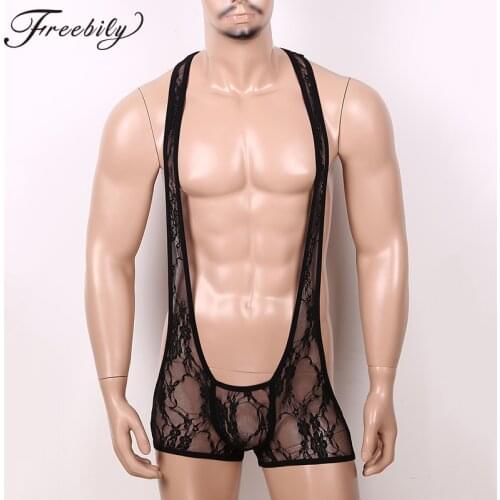 Mens See Through Sheer Lace Racer Back Front Bulge Pouch Undershirts Open Butt Leotard Bodysuit Gay Wrestling Singlet Underwear