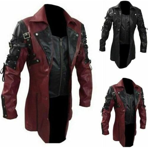 Mens Steampunk Gothic PU Leather Trench Coat Jacket Overcoat Motorcycle Blazer