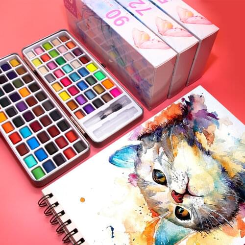 Yan song 50/72/90/100 Colors Solid Watercolor Paints Set Basic Neone Glitter Watercolor Paint for Drawing Art Paint Supplies