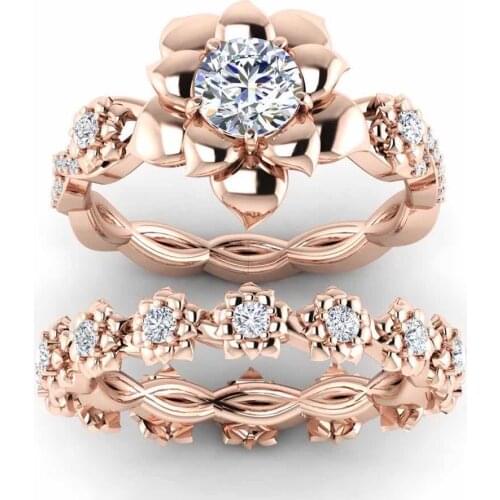 2 Pcs/set Fashion Flowers Zircon Garland Rings Set for Women Wedding Birthday Party Champagne Couples Ring Jewelry