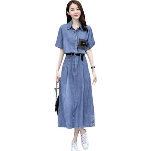 2021 New Fashion Summer Women Denim Dress Plus Size Loose Casual Office Mujer vestir Lapel Short sleeve Pocket Long Denim Dress