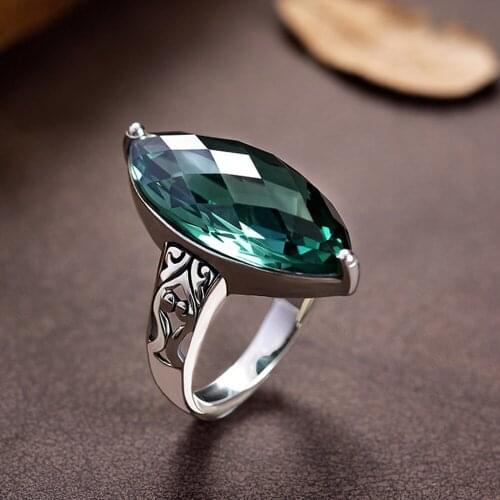 BOCAI New Real pure S925 silver green crystal accessories exaggerated personality simple elegant and fashionable woman ring