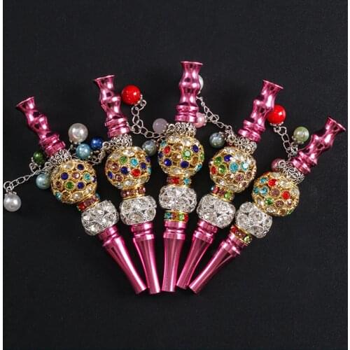 New 2pcs Metal Rhinestone Cigarette Holder Pink Smoking Pipe Hookah Tips Mouth Shisha Hookah Accessories