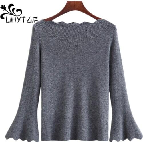 UHYTGFNew Woman Sweater Autumn Bell sleeve Woman Coat Befree Short Slash neck sweater Woman knitting Pullover Sweater Ladies 566