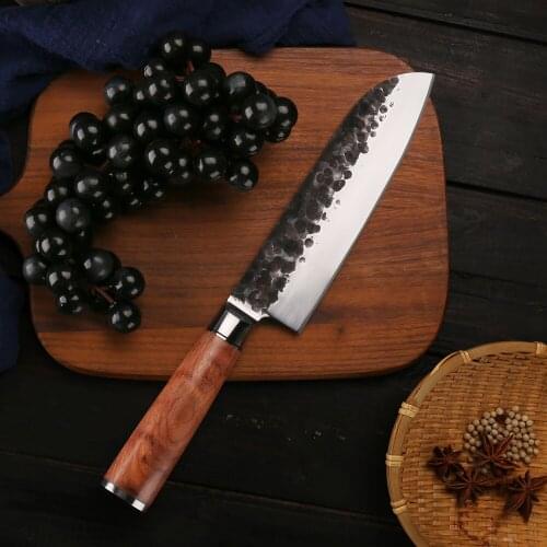 BIGSUNNY 7" Handmade Forged Santoku Knife stainless steel with Rosewood Handle