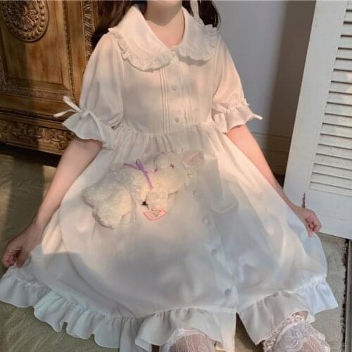 Japanese Sweet Girl Lolita Drees Kawaii Collar Cute Ruffle Puff Sleeve Drees Solid Color Elegant Retro Lady dress new 2021