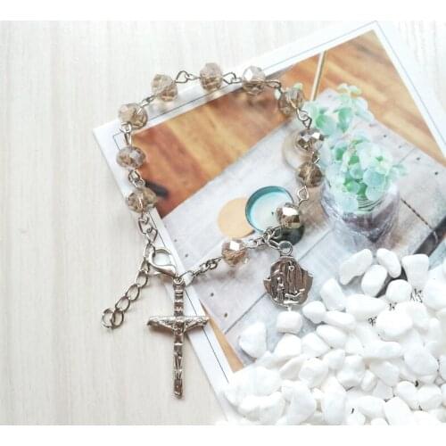 QIGO Catholic Crystal Jesus Cross Rosary Bracelets For Women Religious Jewelry