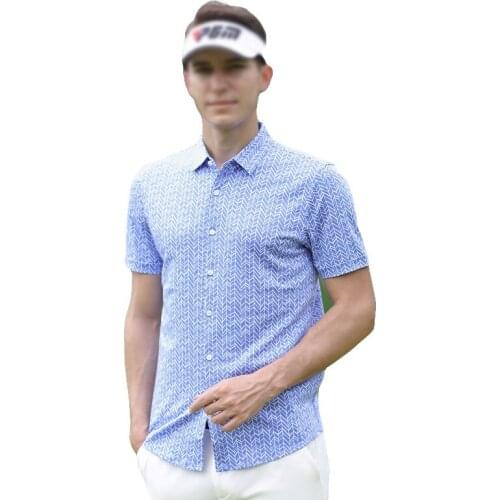 PGM Apparel Men Sports Wear Short Sleeve Plaid Shirt Golf Quick Dry Fabric Summer Button Lapels Casual Cotton Breathable Clothes