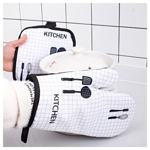 Adults Heat-Resistant Gloves Floral Print Household Grilling Gloves with Mat for Microwave Oven BBQ Oven Cooking Baking Tool