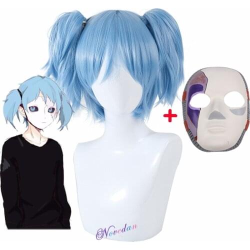 Sally Face Cosplay Props Sally Latex Face Mask Wig Short Blue Heat Resistant Synthetic Hair Clip Ponytail Wig