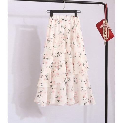 2021 Vintage Floral Print Women Skirt Summer Irregular Ruffles Jupe Femme Elastic High Waist Midi Chiffon Skirts 29 Colors Y894