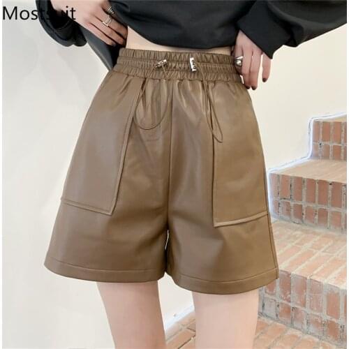 Spring New Fashion Loose Wide Leg PU Leather Shorts for Women Casual Elastic High Waist Female Faux Leather Shorts 2021
