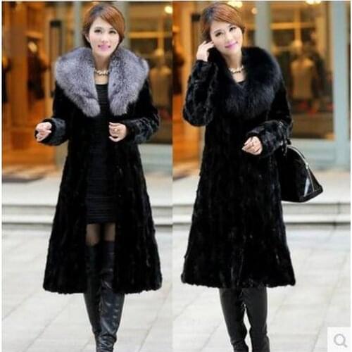 Womens Winter And Autumn Large Size Black Faux Fox Fur Coats Long Section Turn Down Collar Man-Made Fur Overcoats Clothes K132
