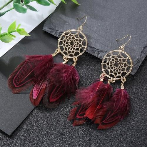 2020 Bohemian Womens Red Natural Feather Earrings Summer Indian Jewelry Ethnic Alloy Hollow Dream Catcher Drop Dangle Earring
