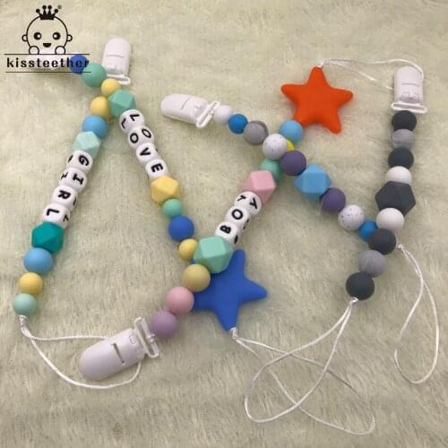Baby Silicone Pacifier Chain Holder Sooth Teething Dummy Baby Products Customized Name Silicone Beads Star Teether Shower Gift