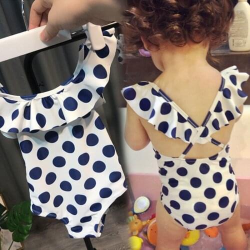 Children Swimsuit 2021 Summer New Blue Point Lightweight One-piece Girl Swim Wear With Swimming Cap