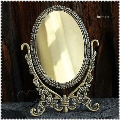 Double-face retro bronze foldable alloy metal table makeup dresser desktop cosmetic decorative mirror embossed frame 338C