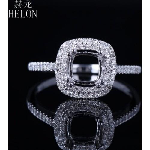 HELON Solid 14K White Gold Pave 0.3ct Genuine Natural Diamonds Jewelry Semi Mount Engagement Wedding Ring Fit 6mm Cushion Cut