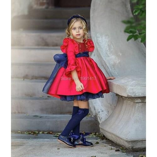 Red Baby Girls First Birthday Dresses Satin Cute Kids Clothes Children Party Baptism Pageant Gowns With Bow AG0408
