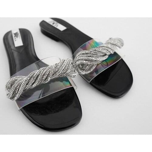 LMCAVASUN New Rhinestone Braided winding Transparent Womens flat sandals