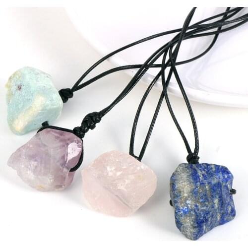 Men Women Bohemia Irregular Natural Stone Pendant Necklace Original Crystal Pendants Adjustable Wax Rope Chain Jewelry #0220