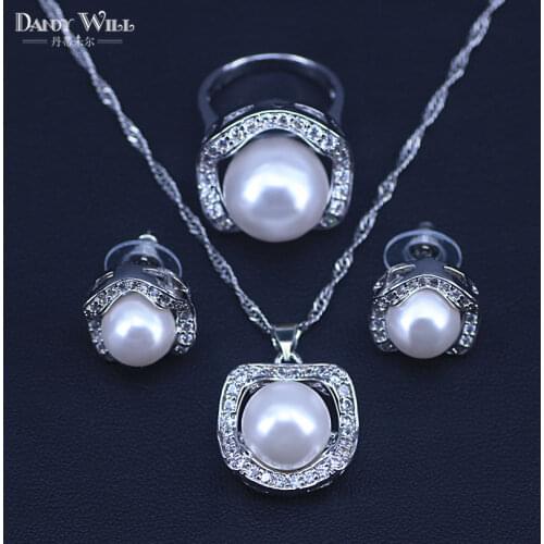 Promotion Freshwater Pearl Bridal Jewelry Sets For Women Wedding Pendant Hoop Earrings Rings Necklace Set