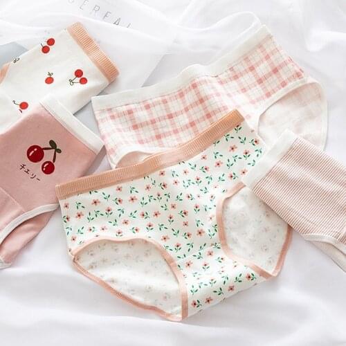 Glowing Future Japanese Cherry Floral Women Underwear Soft Breathable Lingerie Pink Lattice Cute Cotton Crotch Panties Women