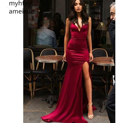 2020 New Red Sexy Women Cheap Evening Dress Plus Size With Split Mermaid Sleeveless Deep V-neck Long Evening Gown Custom Made