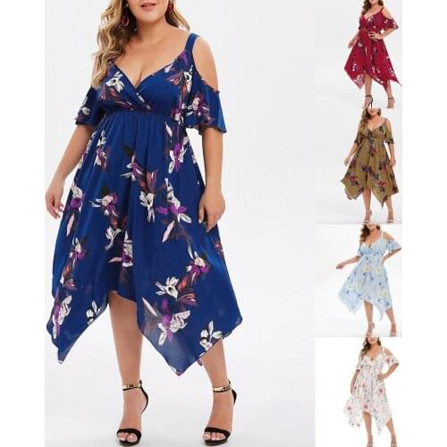 Midi Dress Floral Print Irregular Hem Women V Neck Off Shoulder Dress for Wedding