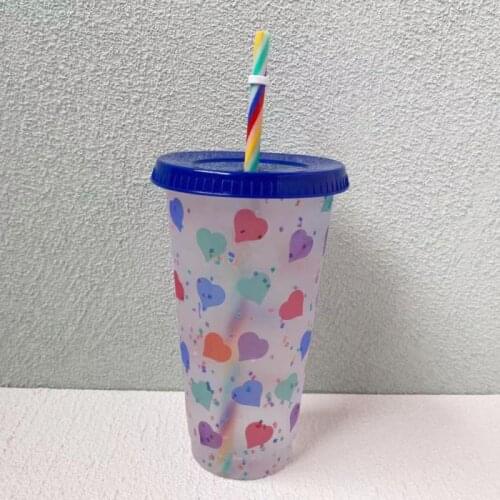 Rainbow Straw Discoloration Tumblers With Lid Straw Cup Heart Shape Confetti Color Changing Flat Cups Cold Drink Coffee Mug 1PCS