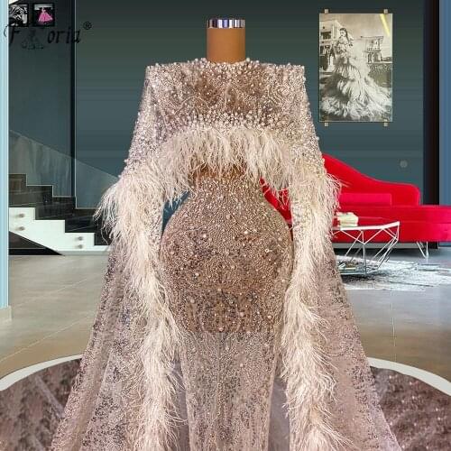 Luxury Beaded Long Evening Dresses With Cape Sleeves Illusion Pearls Feather Dubai Middle East Women Party Gowns Plus Size