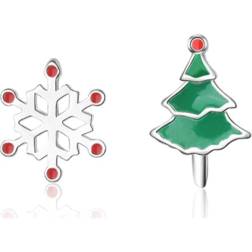 Drop glaze sweet cute personality temperament wild Christmas tree snowflake silver plated stud earrings WE070