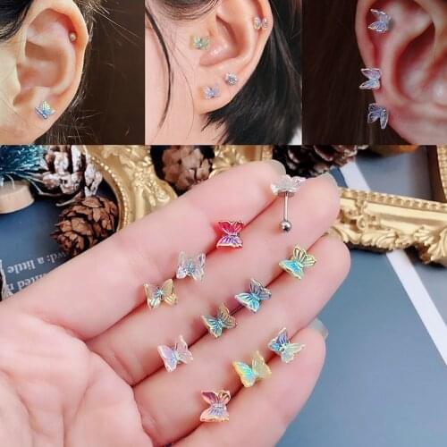 1Pcs INS Little Butterfly Stud Tragus Earring For Women Acrylic Rainbow Titanium Steel Screw Piercing Mid Low Helix Earring