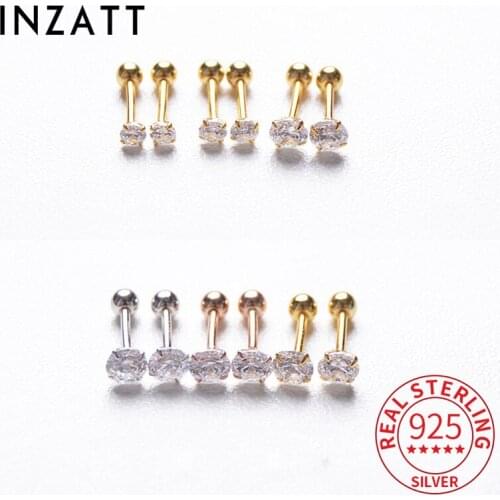 INZATT 1 Pcs Real 925 Sterling Silver Zircon Round Bead Stud 14K Gold Earrings For Women Punk Fine Jewelry Accessories