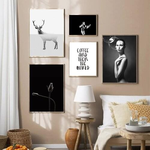 Nordic Characters Animals Black White Flowers Canvas Print Wall Art Painting Minimalist Artwork Picture Modern Home Decoration
