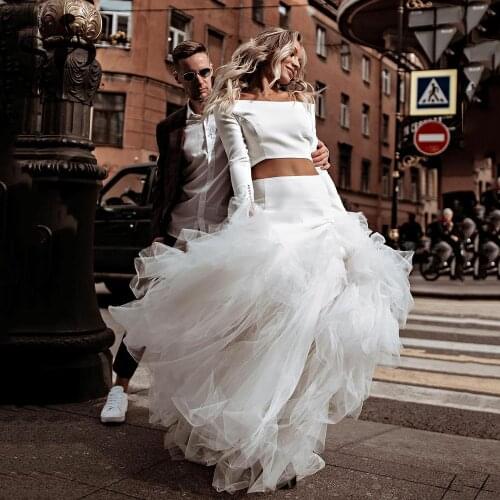 SoDigne Boho Wedding Dress Sexy Two Piece Modern Long Sleeves Beach Bridal Gown Custom Made Tulle Wedding party Gown