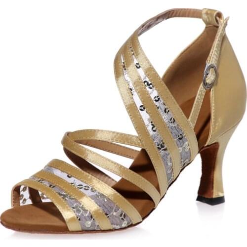 Sweet lady latin dance shoes satin with lace girls ballroom professional Salsa tango party dancing sandals 7.5cm heels lace
