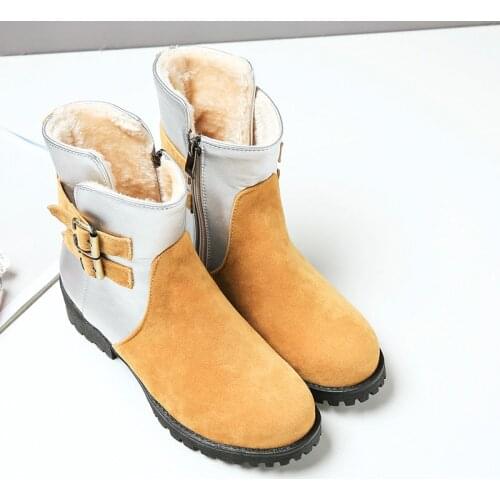YQBTDL 2021 Fashion Faux Nubuck Buckle Strap Chunky Heels Womens Booties Yellow Black Thick Plush Warm Winter Ankle Snow Boots