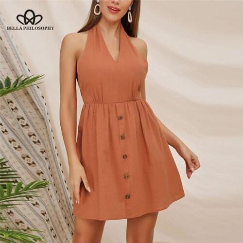 Bella philosophy Women Sexy Halter Mini Dress Vintage Backless Female Linen Mini Dress Casual Holiday Lady Beach Dress Vestidos