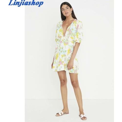 Fashion summer dress short sleeve lining sashes chic floral print mini beach v-neck dress women femme vestidos dropshipping