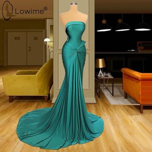 Hunter Green Strapless Ruched Evening Dresses 2020 Mermaid Court Train Longue Robes Vestidos De Soiree Formal Prom Party Dress