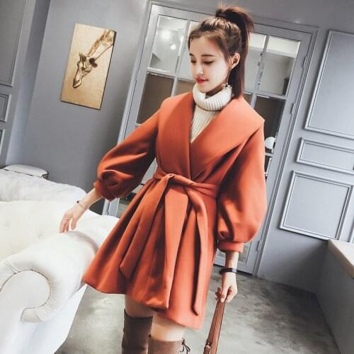 Winter Korean Mid-Length Woolen Windbreaker Jacket, Autumn And Ainter Dress, Short, Lantern Sleeves, Harajuku Woolen Coat Women