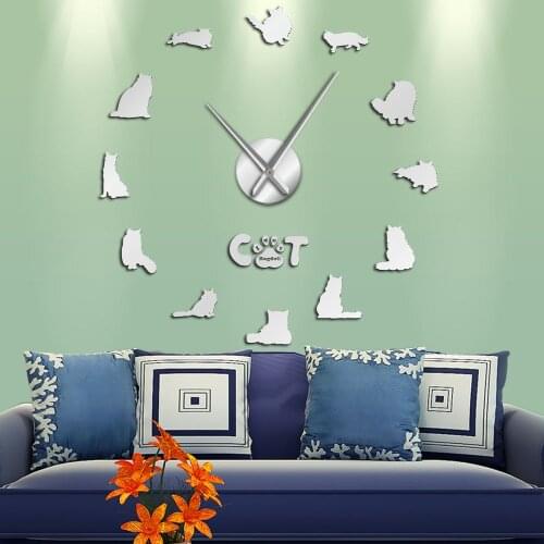 3D DIY Large Mirror Effect Frameless Ragdoll Cat Wall Clock Cat Breeds Kitten Cat Paw Stickers Wall Art Frameless Giant Watch